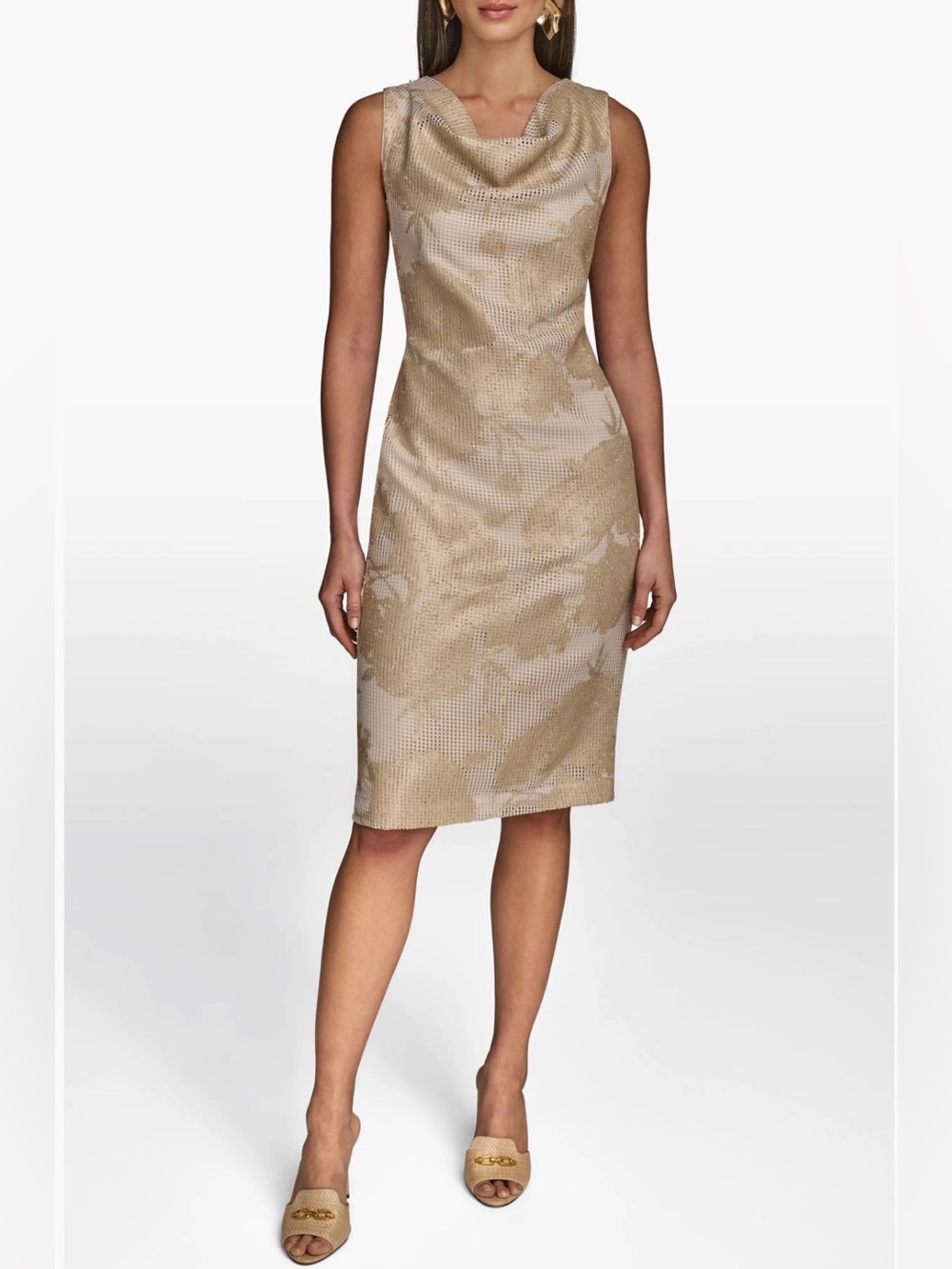 Donna Karan New York Sheath Dress Ivory Cowl Neck Beige Gold Size 4 NWT